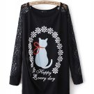 Cat with bow print loose pullover sweater
