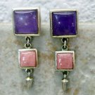 925 Sterling Silver Southwestern Pink Purple Multi Gem Stone Earrings Signed