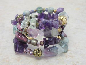 Hand Made Multi Stone Green Quartz Purple Amethyst Coil Bangle Stretch Bracelet