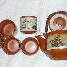 Japanese Tea Pot w/5 Cups Bonsai Mountain Scene Marked Made In Japan