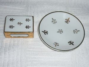 Shafford Fleur De Lis Porcelain Matchbox Holder & Mini Ashtray Plate Set Japan