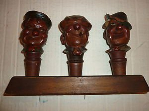 Leopold Moroder Hand Carved Wood Bottle Stoppers Set of 3 w/Stand,Made Germany