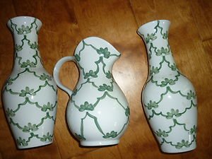 Jo-Ann Garden Gate Designs 3 Piece 10" Vase and Pitcher Set Hand Painted