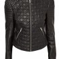 Women Quilted Bomber Moto Racer Biker Sheep Leather Jacket Long Sleeves, XS-4XL