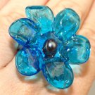 Pearly Blue Flower Ring - Lampwork Jewelry - Lampwork Ring - Glass Bead Jewelry