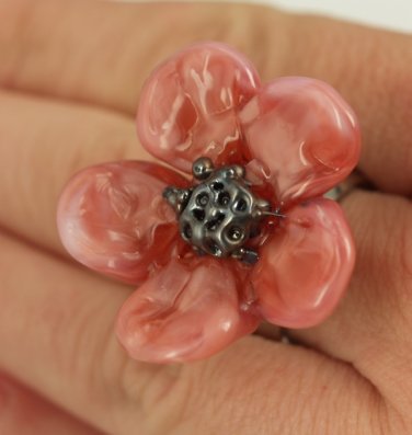 Pearly Pink Flower Ring - Lampwork Jewelry - Lampwork Ring - Glass Bead Jewelry