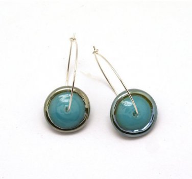 Turquoise & Silver Circle Earrings - Lampwork Earrings - Geometric Jewelry