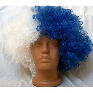 blue and white afro wig