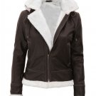 B3 Hooded Bomber Dark Brown Shearling Leather Women Flight Aviator Jacket with Removable Hood