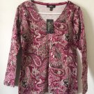 NEW YORK LAUNDRY V-neck Top 100% cotton Blouse Paisely S NWT Burgundy Lngsleeve