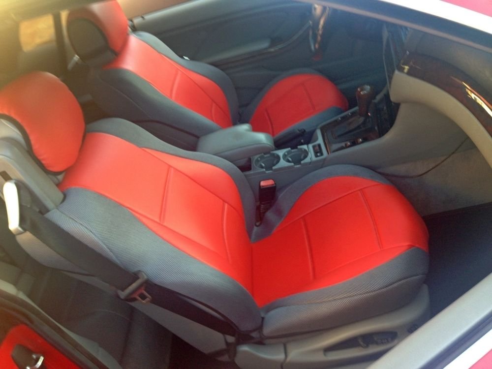 MIX LEATHERETTE & SYNTHETIC TWO FRONT RED/GRAY CAR SEAT COVERS (Fits BMW E93 CONVERTIBLE)