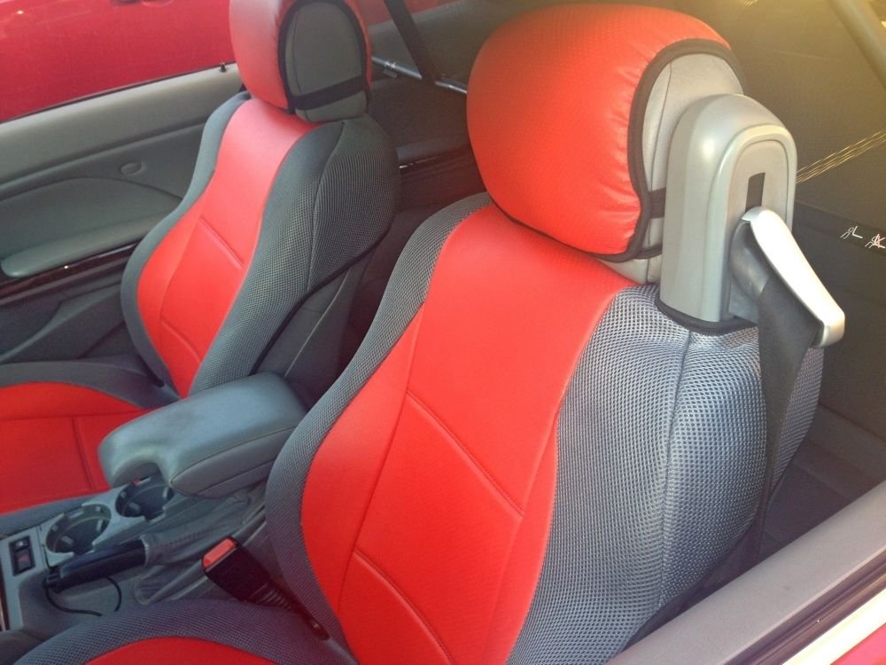 MIX LEATHERETTE & SYNTHETIC TWO FRONT RED/GRAY CAR SEAT COVERS (Fits BMW E93 CONVERTIBLE)