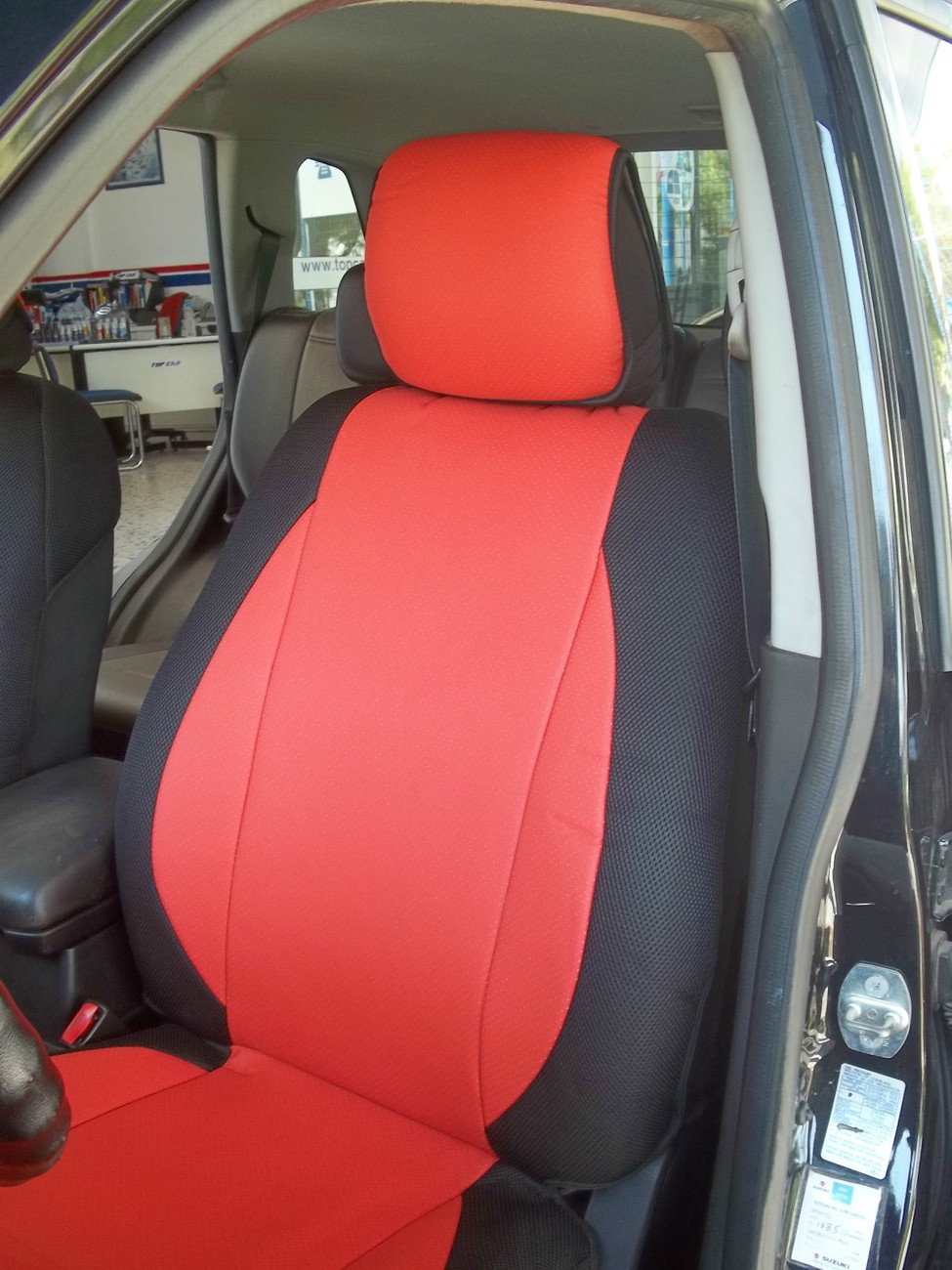 MIX LEATHERETTE & SYNTHETIC TWO FRONT RED/BLACK SEAT COVERS (Fits BMW