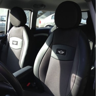 TWO FRONT BLACK LEATHERTTE & GRAY BLACK FISHNET CAR SEAT COVERS (Fits NEW MINI 2001-.....2 doors)
