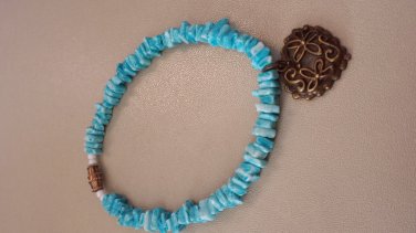 mottled blue chips bracelet with antique bronze filigree heart