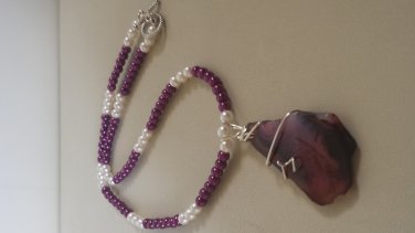 Wire wrapped unusual shaped agate on bead necklace
