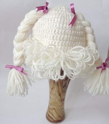 Cabbage Patch Kid Hat White Crochet Wig Braid Pigtail Style Newborn -3 months