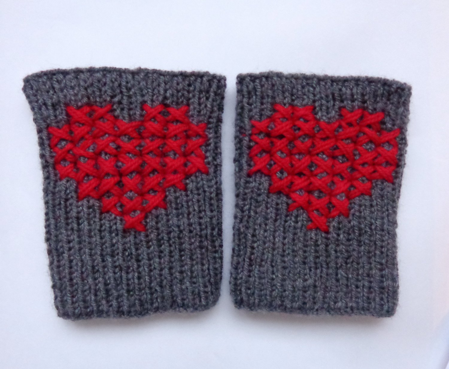 Cross-Stitch Valentine Knitted Boot Cuffs With Red Heart Socks Boot Topper Leg Grey