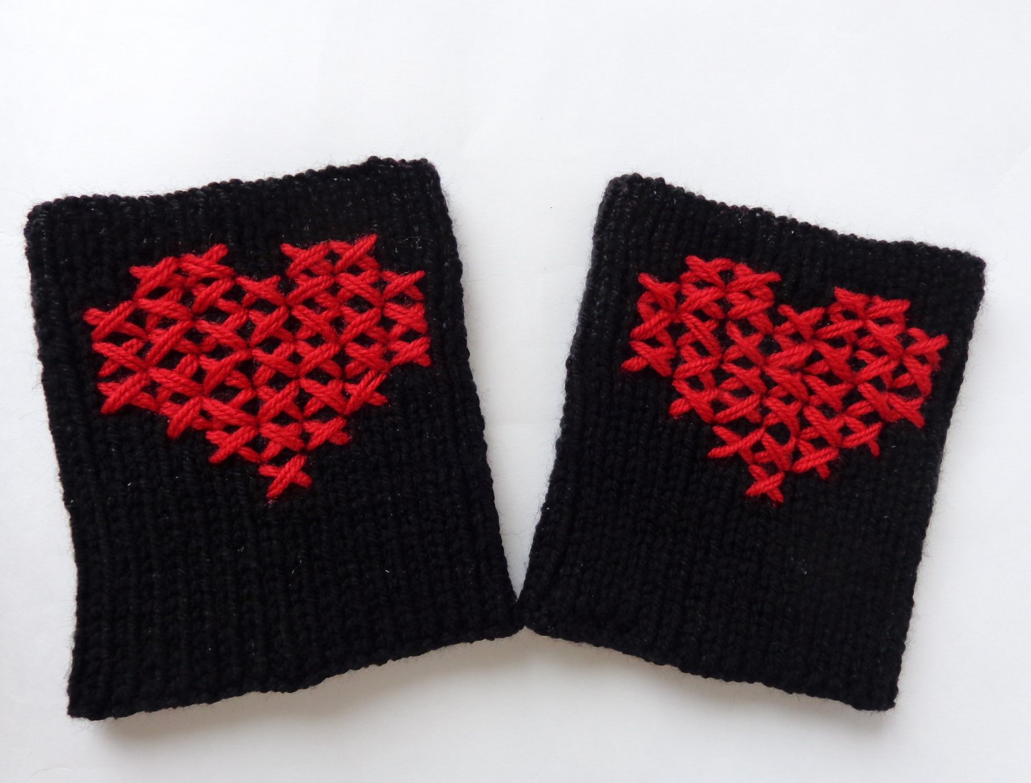 Cross-Stitch Valentine Knitted Boot Cuffs With Red Heart Socks Boot Topper Leg Black