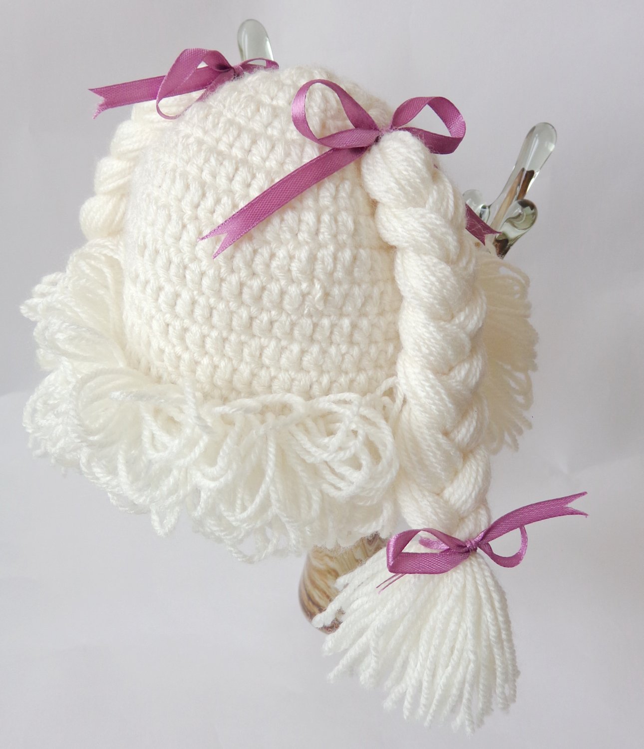 Cabbage Patch Kid Hat White Crochet Wig Braid Pigtail Style 3-10 years