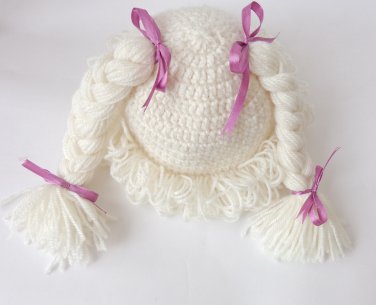 Cabbage Patch Kid Hat White Crochet Wig Braid Pigtail Style Adult