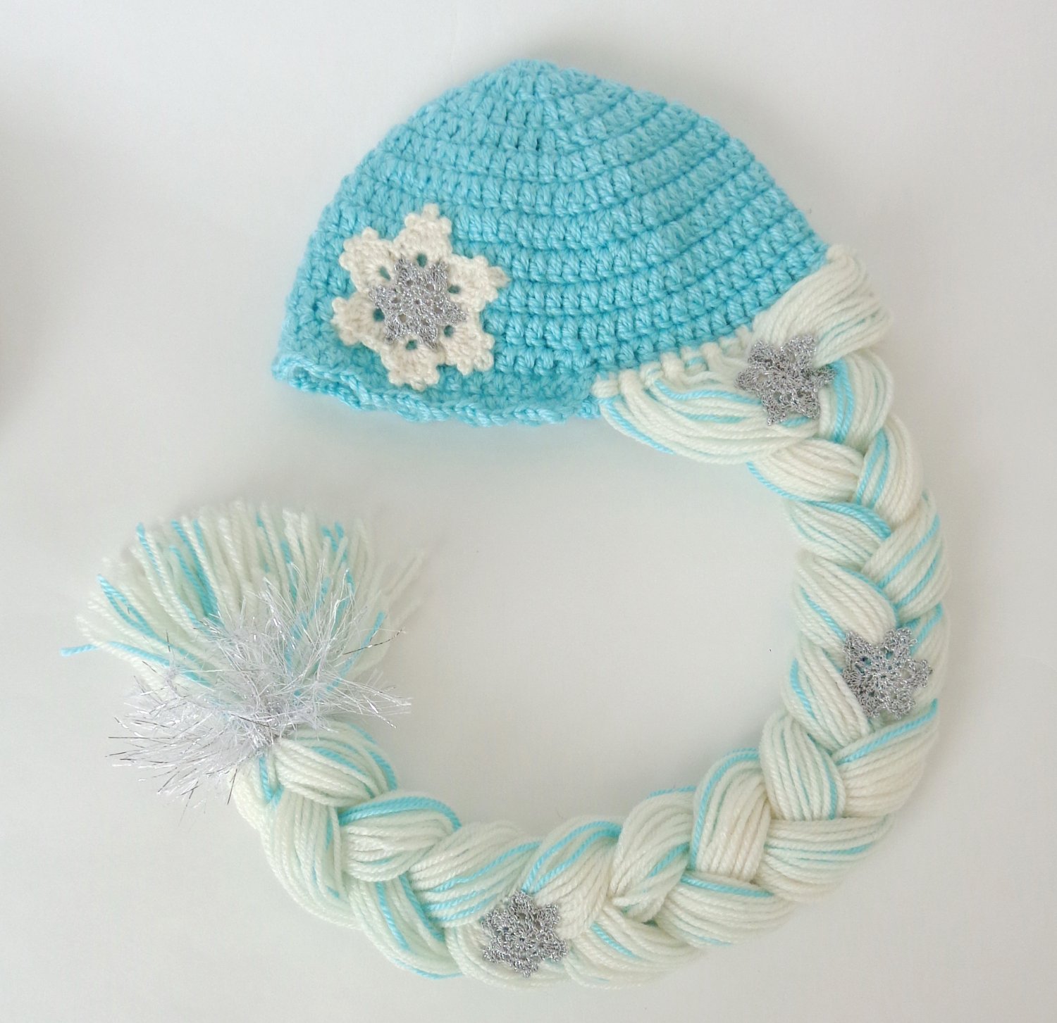 Elsa Frozen Crochet Hat With Snowflake Flower - Disney Princess Queen Hat Wig - Newborn -3 months