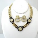 Gold & Black plated 3 Medallion Medusa Curb Choker & Earrings Set