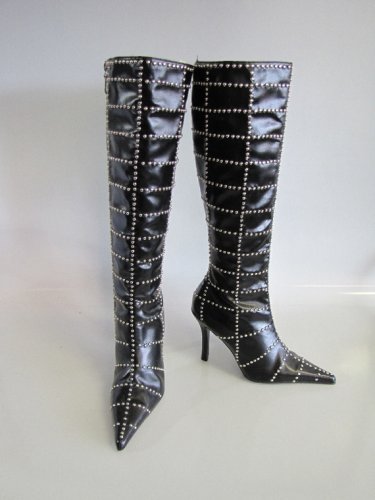 Hollywood Heels Moto Black Vinyl Studded Boots - New in box - Hot and Sexy Strip