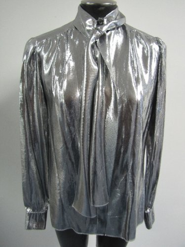 St. John Silver Metallic Button Blouse with Neck Tie/Scarf Women's Size 8