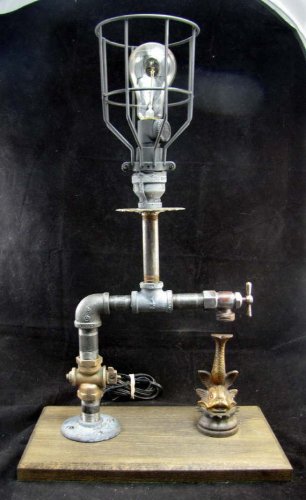 Industrial Steampunk Handmade Re-purposed Spout & Fish Table Lamp