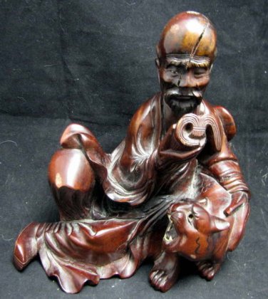 VTG Oriental Resting Man and Tiger Rose Wood Sculpture with Bone Inlay