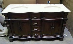 72" Teak bathroom double vanity sink cream marble traditional carved thick leg