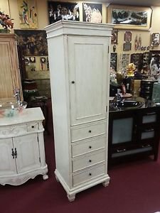 22" Whitewash Stained Linen Tower Cabinet w/ Inside Mirror