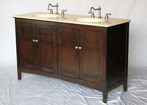 60" Espresso-stained bathroom double vanity sink cream marble
