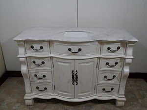 50" White Marble Single Bathroom Vanity Sink White Wash Finish w/ White Bowl