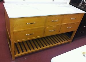 60" White Marble bathroom vanity light honey stain wood finish double sink