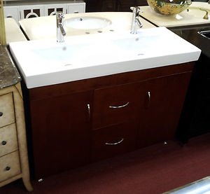 48" modern bath double sink vanity cherry cabinet with porcelain top w/ faucets