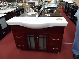 48" Cherry-stained bathroom vanity sink white porcelain top w/ faucets