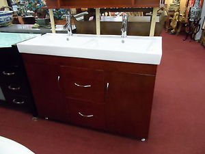 60" Cherry-stained bathroom double vanity sink white porcelain top w/ faucets