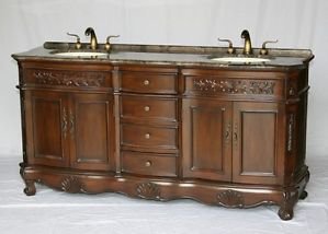 72" Teak-stained bathroom vanity double sink coffee marble w/ backsplash