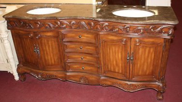 60" Teak stained Bathroom Vanity Double Sink Coffee Marble w/ Cream Bowls