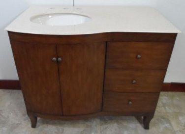 40" Bathroom Vanity Sink Teak Stained Cabinet w Cream Marble & Bisque Bowl