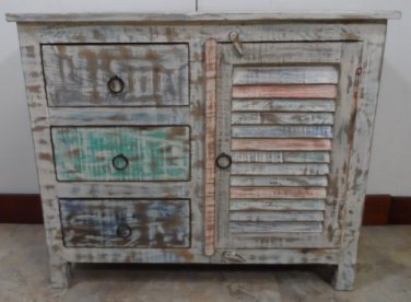 35" Hand Painted Rustic 3 Drawer /  2 door Wood Cabinet /  Chest from India