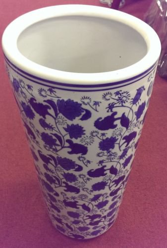 Blue and white solid, porcelain umbrella stand 18" high