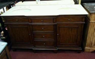 60" Teak-stained bathroom double vanity sink cream marble