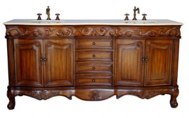 72" Teak bathroom double vanity sink cream marble traditional design