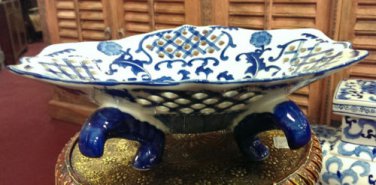 Blue and white solid, basket bowl 8" high