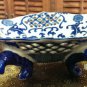 Blue and white solid, basket bowl 8" high