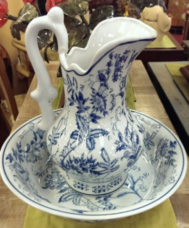 Blue and white solid, pitcher with bowl 16" high