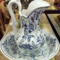 Blue and white solid, pitcher with bowl 16" high